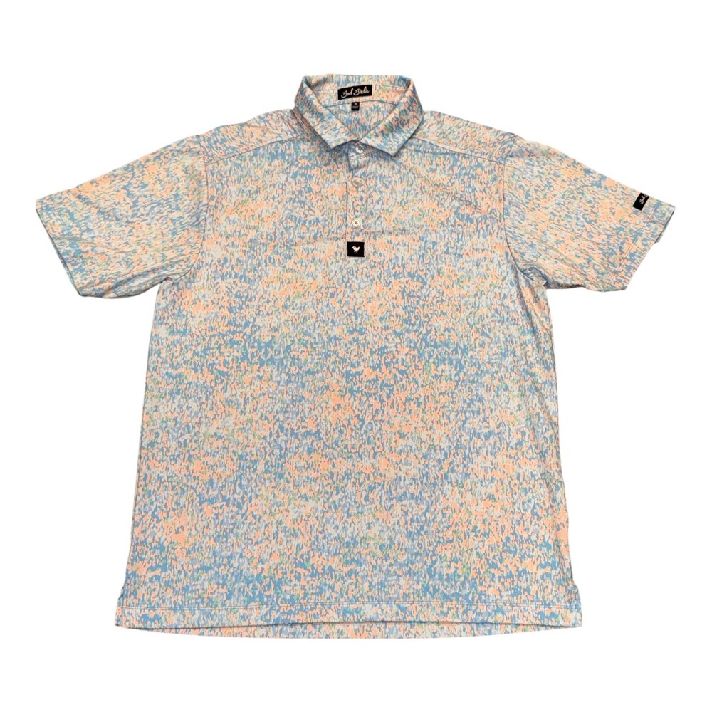 Bad Birdie Mens Golf Polo Shirt Medium Blue Orange Abstract Splatter Print